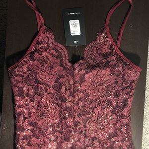 Burgundy lace with glitter body suit